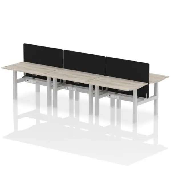 Image of Air Air Back-to-Back 1200 x 800mm Height Adjustable 6 Person Bench Desk Grey Oak Top with Cable Ports Silver Frame with Black Straight Screen HASCP6P