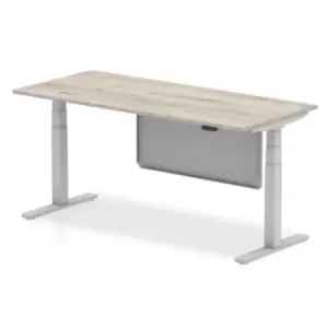 Image of Air 1800 x 800mm Height Adjustable Desk Grey Oak Top Silver Leg With Silver Steel Modesty Panel