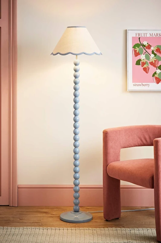 Image of ValueLights Bobbins Powder Blue Floor Lamp with Tapered Natural Linen Scallop Shade Blue