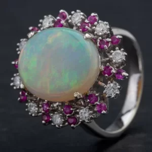 Image of Pre-Owned 14ct White Gold Ruby Diamond Opal Cluster Ring 4338020