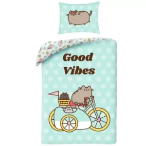 Image of Pusheen - Good Vibes Cotton Duvet Cover Set (Single) (Mint Green) - Mint Green