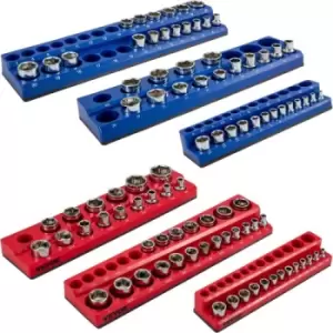 Image of VEVOR 6-Pack Metric and SAE Magnetic Socket Organizers, 1/2-inch, 3/8-inch, 1/4-inch Drive Socket Holders Hold 143 Sockets, Red and Blue Tool Box Orga
