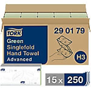 Image of Tork Folded Hand Towels H3 Advanced 2 Ply V-fold Green 15 Pieces of 250 Sheets