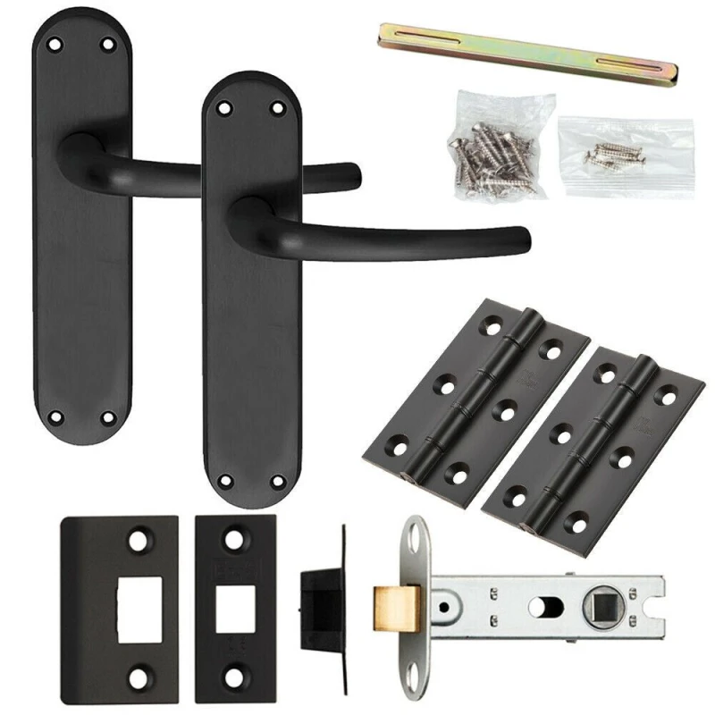 Image of Loops Door Handle & Latch Pack Matt Black Curved Round Lever Slim Curved Backplate Black