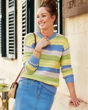 Image of Cotton Traders Womens Sunshine Stripe Pointelle Jumper in Yellow