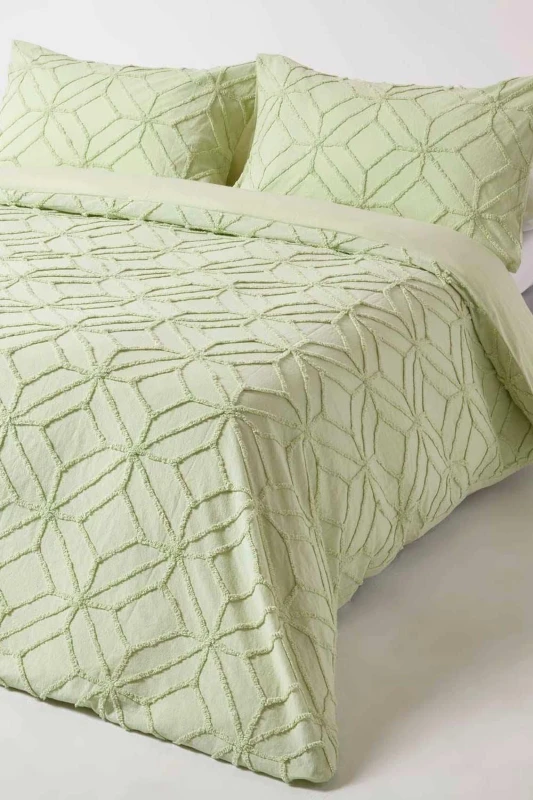 Image of Homescapes Diamond Cotton Tufted Duvet Cover Set Green