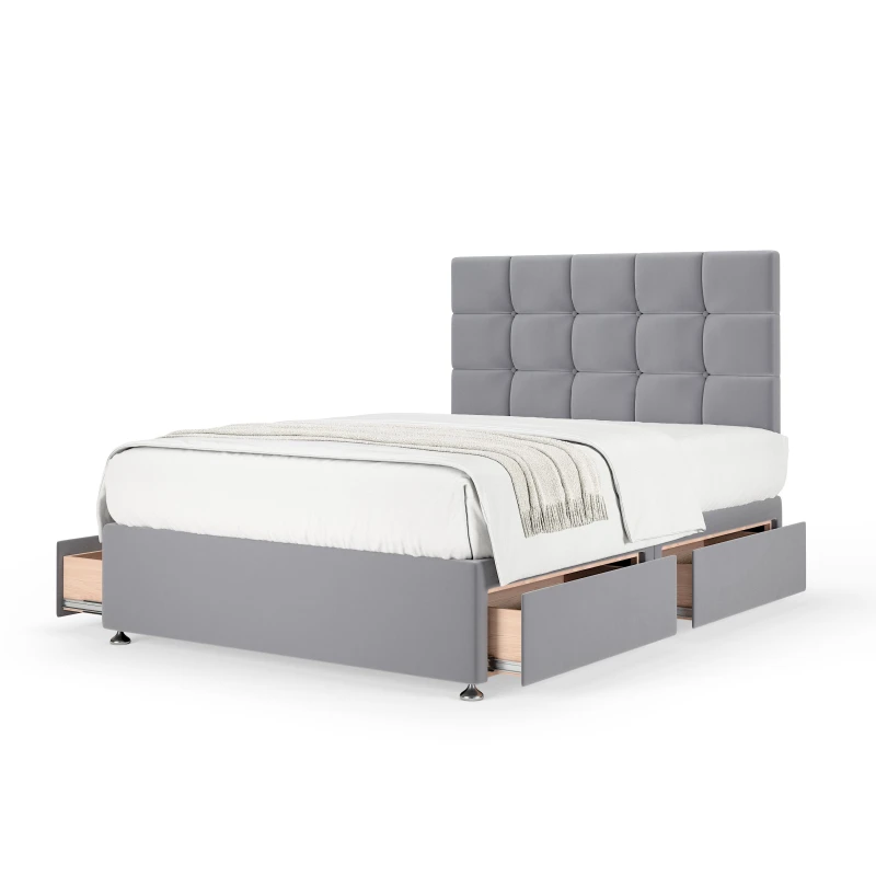 Image of Bedmaster Bedmaster Plush Velvet 4 Drawer Divan Base And Square Headboard in Silver Size: Super King Silver Super King Unisex 7867870624247