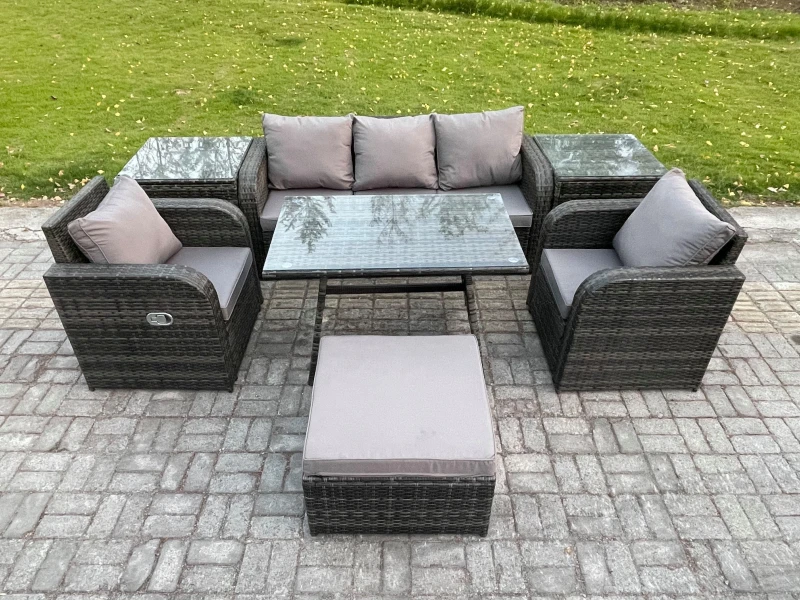 Image of Fimous 6 Seater Rattan Wicker Garden Furniture Patio Conservatory Sofa Set with Rectangular Dining Table Reclining Chair Dark Grey