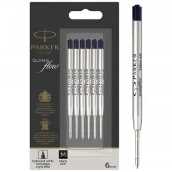 Image of Parker Quink Flow Ballpoint Refill for Ballpoint Pens Medium Black (Pack 6) 2025154