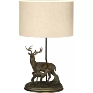 Image of Elstead - LightBox Amelia 1 Light Table Lamp With Oval Shade, Bronze Patina Stag and Fawn Stauette