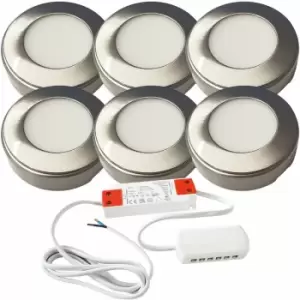 Image of 6x brushed nickel Round Surface or Flush Under Cabinet Kitchen Light & Driver Kit - Warm White led