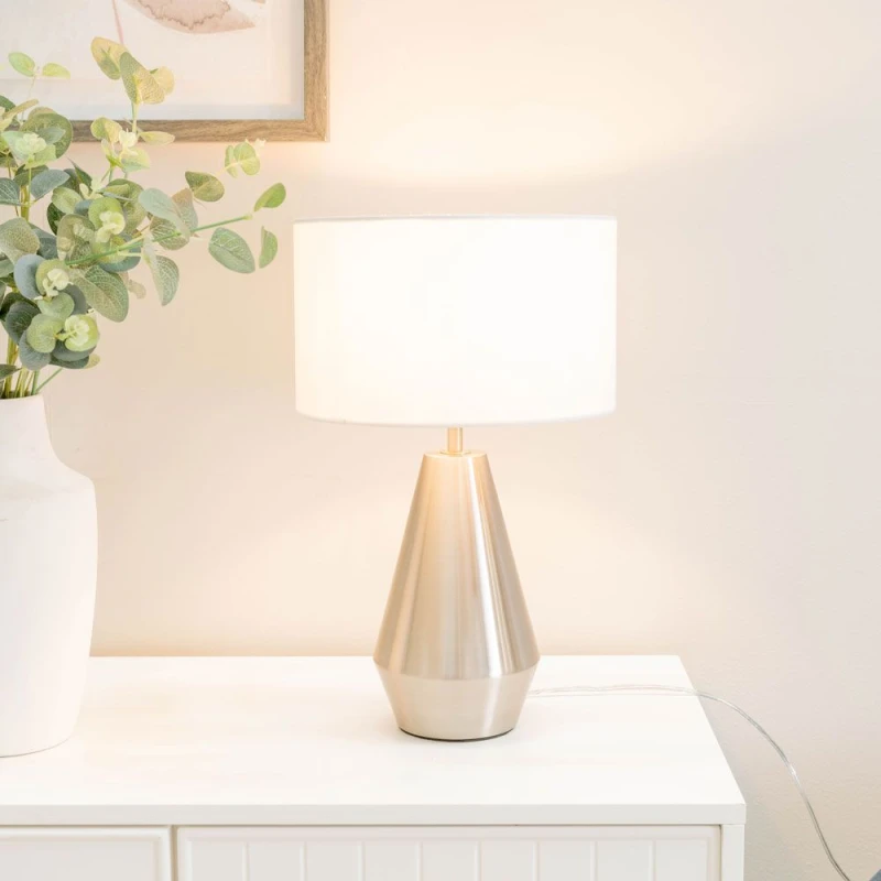 Image of ValueLights Jax Brushed Chrome Dimmable Touch Table Lamp with Fabric Drum Shade White