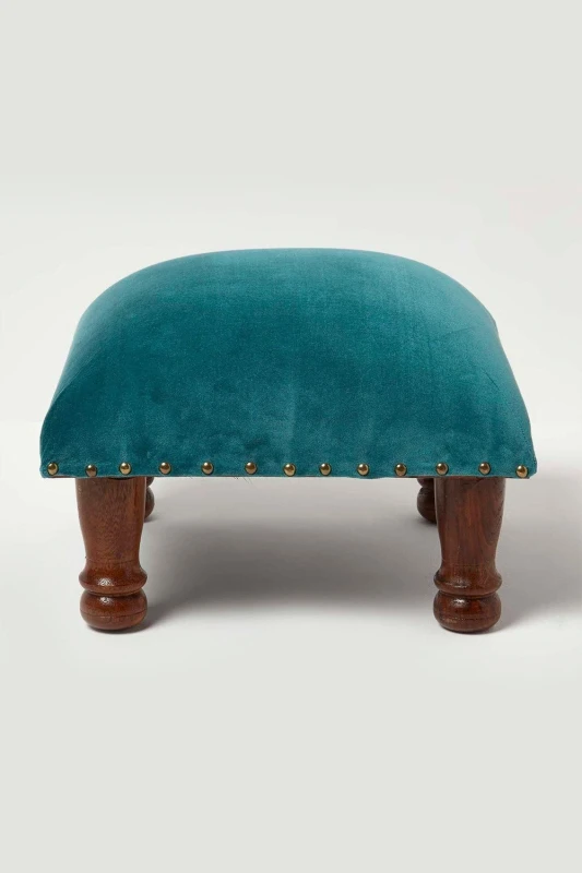 Image of Homescapes Mable Velvet Square Footstool in Green Green Unisex