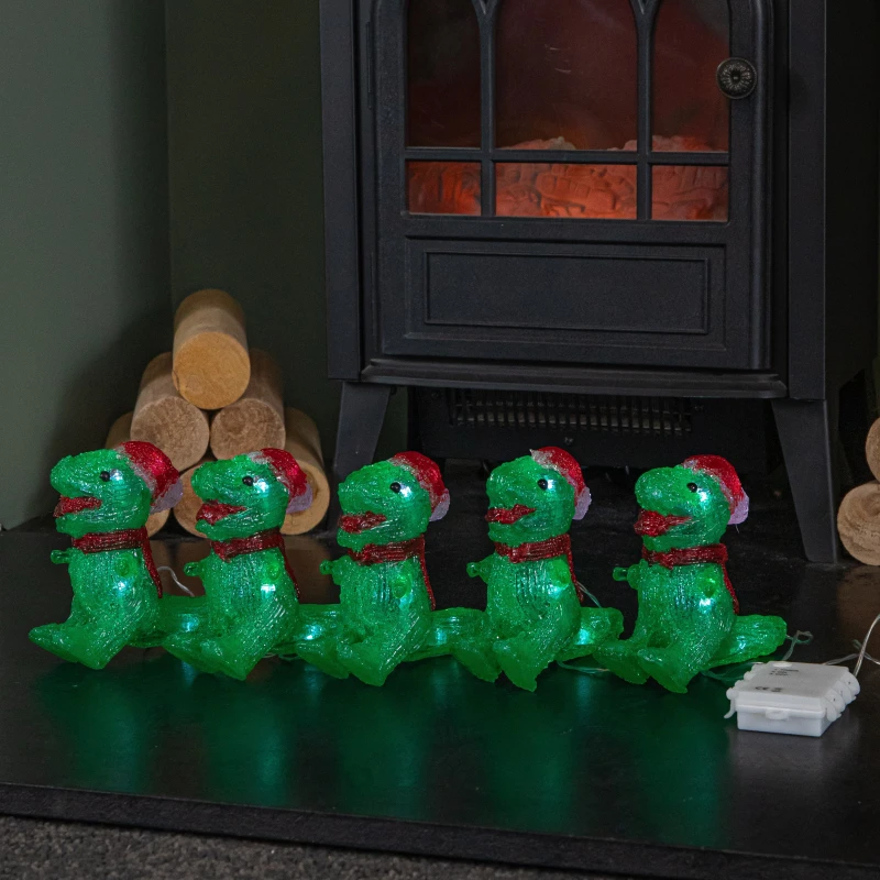 Image of 15cm Set of 5 Battery Operated Light up Christmas Dinosaur Ornaments with 40 Cool White LEDs