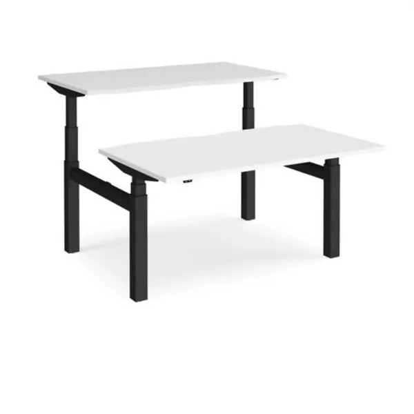 Image of Elev8 Height Adjustable Desk Back To Back Rectangular Desks 1400mm White Tops With Black Frames Elev8 Touch White EVTB-1400-K-WH