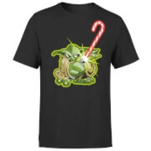 Image of Star Wars Christmas Candy Cane Yoda Black T-Shirt - M - Black