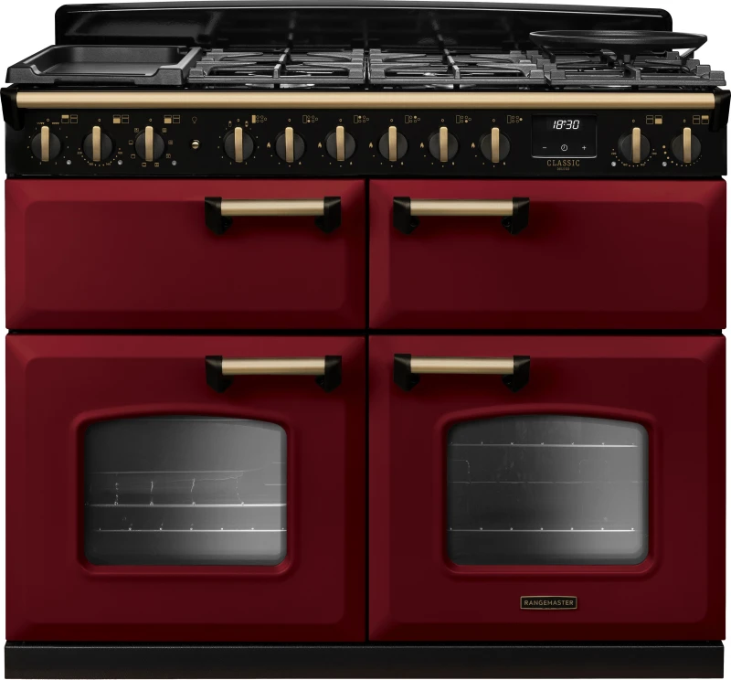 Image of Rangemaster Classic Deluxe 110 CLDLB110DFPBOR/AB1 110cm wide Dual Fuel Range Cooker with Gas Hob - Bordeaux / Antique Brass - A/A/A Rated