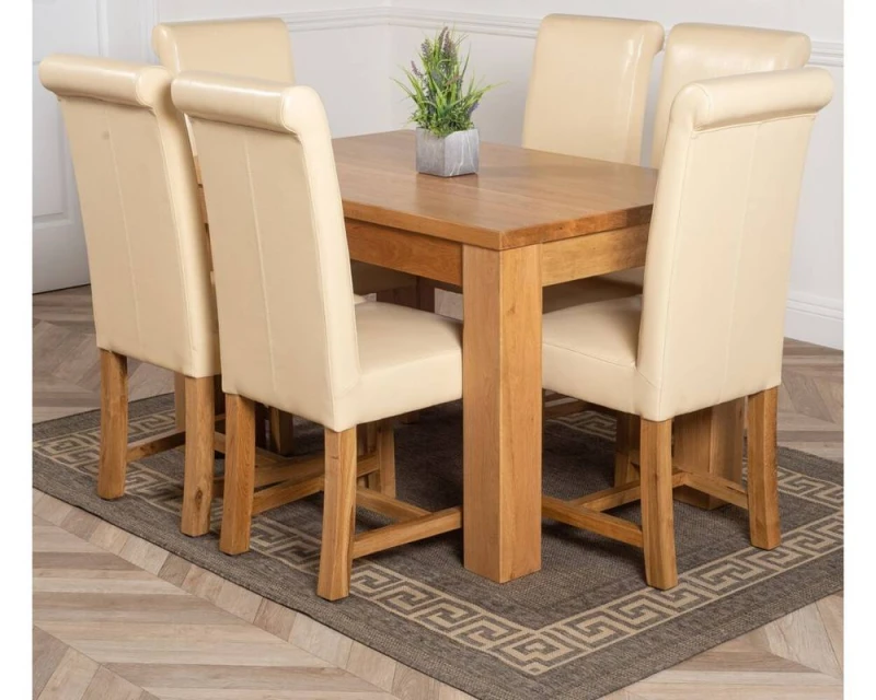 Image of Thats Furniture Dakot 127 x 82cm Oak Small Dining Table & 6 Washington Leather Chairs in Cream Size: 127 x 82cm Cream Unisex 127 x 82 cm