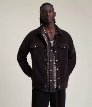 Image of AllSaints Mens Castleford Corduroy Overshirt, Washed Black, Size: S
