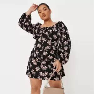 Image of Missguided Plus Balloon Sleeve Floral Mini Dress - Black