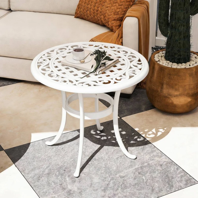 Image of OUTSUNNY 60cm Round Garden Table with Cast Aluminium Frame, White White Unisex