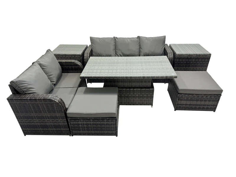 Image of Fimous Rattan Garden Furniture Dining Set 7-seater with 2 Side Tables in Dark Grey Dark Grey Unisex