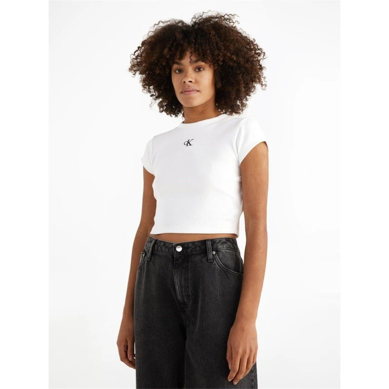 Image of Calvin Klein Jeans Mono Rib Cropped T Shirt - White White 10