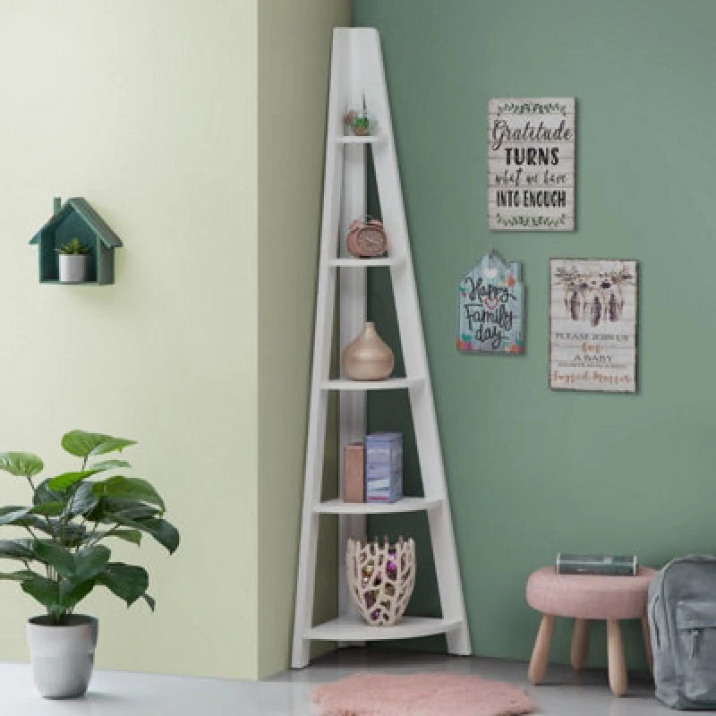 Image of Timber Art Design 5 Tier Ladder Corner Bookcase Shelving Rack Display Organiser White