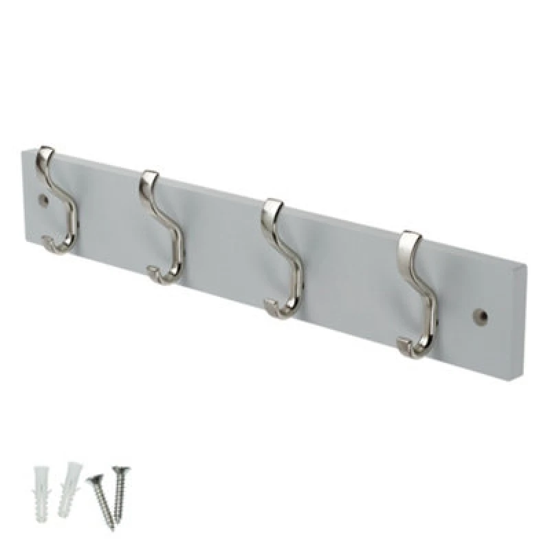Image of Keypak Wall-Mounted Coat Rack - 4 Hooks On Modern Wooden Base For Wall & Door - 38Cm (Satin Nickel/dove Grey)