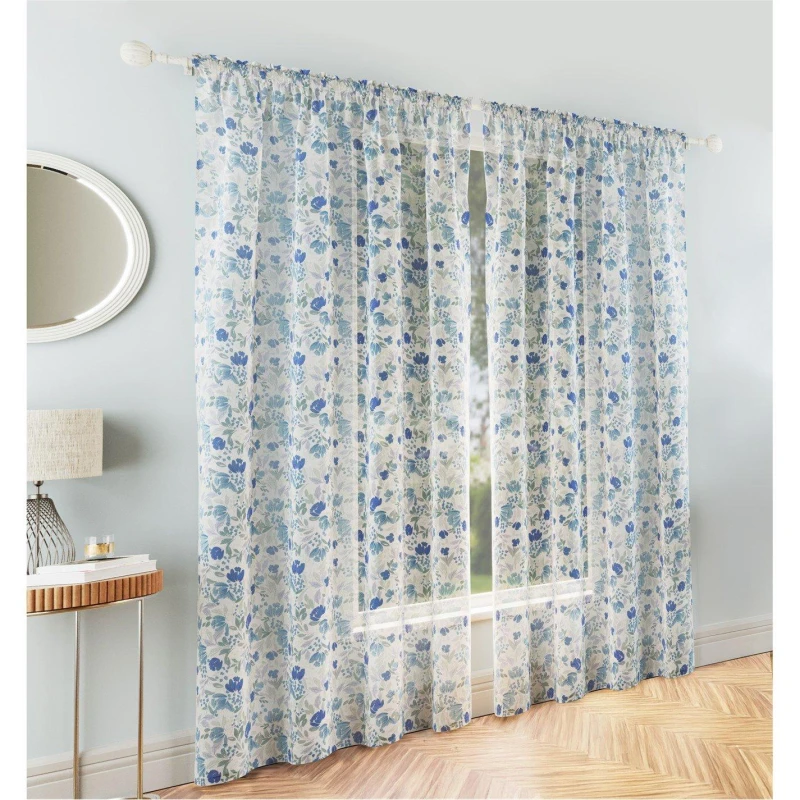 Image of Tyrone Textiles Mia Floral Print Sheer Voile Panels - Pair Blue unisex 140x183cm