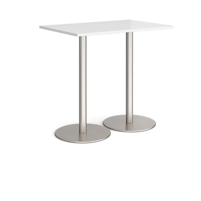 Image of Monza Rectangular Cafe and Bistro Poseur Table with Flat Round Brushed Steel Base - Top 1200mm x 800mm - White
