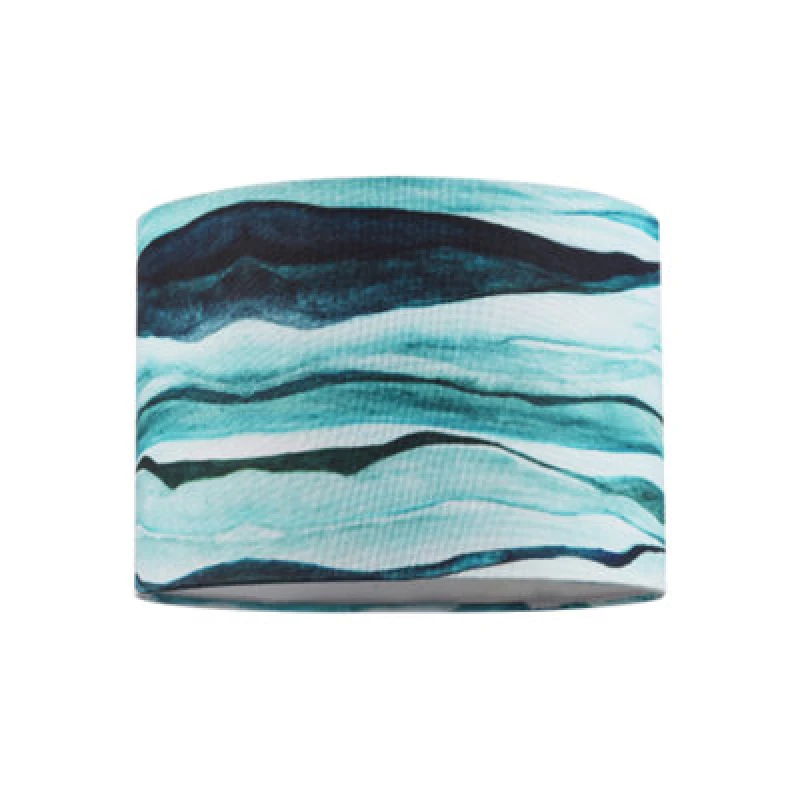 Image of Happy Homewares Sea Waves Drum Lamp Shade In Teal Duck Egg And Navy Blue - 25Cm Linen Fabric
