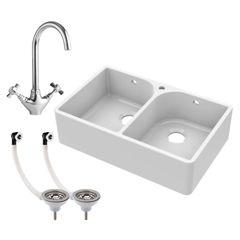 Image of Balterley 2 Bowl Fireclay Belfast Sink Tap Hole Full Wier Waste Mono Mixer Tap White