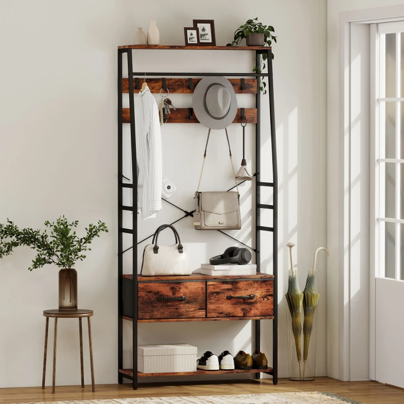 Image of HOMCOM HOMCOM Coat Rack with Shoe Storage and Bench, 6-In-1 Hall Tree in Brown Brown One Size Unisex 5063603619081