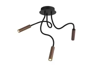 Image of Semi Flush Ceiling, 3 Light Adjustable Arms, 3 x 5W LED Dimmable, 3000K, 930lm, Black, Satin Copper