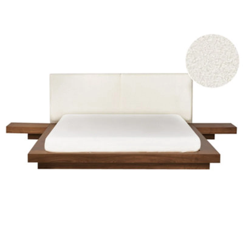 Image of Beliani Bed Boucle Zen 160 X 200 Cm (Eu King Size) Brown Ash Wood