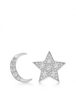 Image of The Love Silver Collection Sterling Silver Rhodium Plated Cubic Zirconia Moon And Star Asymmetric Stud Earrings