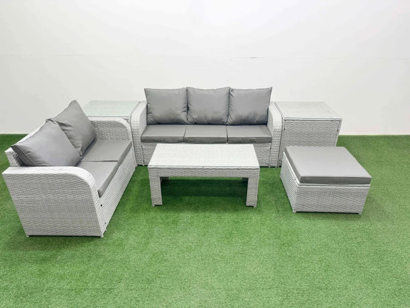 Image of Fimous 6 Seater PE Rattan Wicker Garden Furniture Patio Conservatory Sofa Set with Oblong Coffee Table 3 Seater Sofa Love Sofa Big Footstool 2 Side Ta