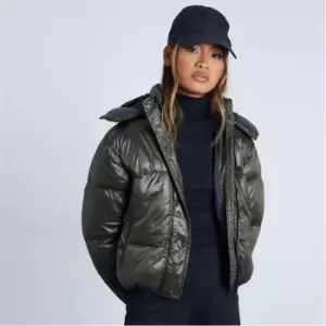 Image of I Saw It First Khaki Oversized Nylon Cropped Padded Puffer With Hood - Green