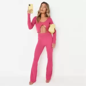 Image of Missguided Rib Cardigan And Flared Trousers Co Ord Set - Pink