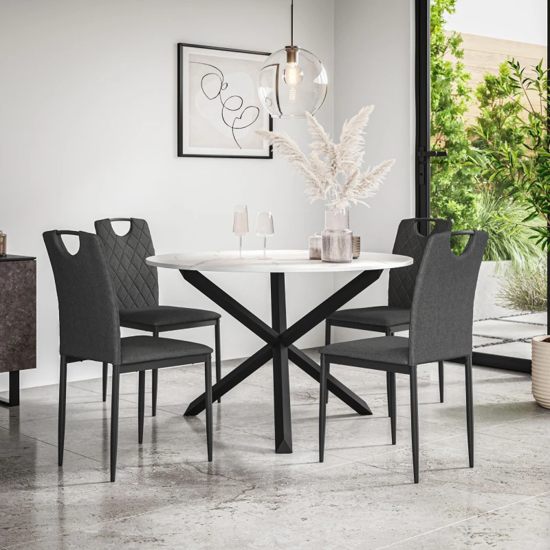 Image of More4Homes Malvern Round Dining Table And Chairs - Marble Table Top W Solid Oak Black Legs + Monza Fabric Dining Chair Set Of 4 (Charcoal)