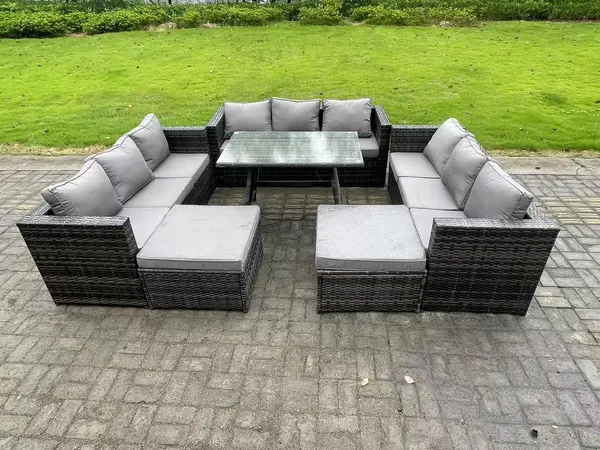 Image of Fimous 9 Seater Outdoor Dark Grey Wicker Rattan Lounge Complete Sofa Set with Dining Table and 2 Footstools