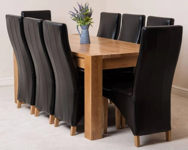 Image of Thats Furniture Kuba 180 x 90cm Chunky Oak Dining Table & 8 Lola Leather Chairs in Black Unisex 180 x 90 cm