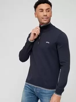 Image of BOSS Zitom Quarter Zip Knitted Jumper - Dark Blue, Dark Blue Size M Men