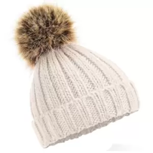 Image of Beechfield Junior Fur Pom Pom Chunky Beanie (One Size) (Oatmeal)