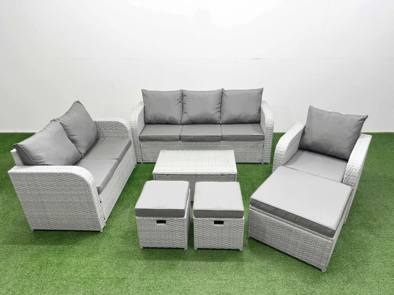 Image of Fimous Patio PE Wicker 9 Seater Outdoor Rattan Furniture Sofa Sets with Rectangular Coffee Table Reclining Chair Loveseat Sofa 3 Seater Sofa Stool Lig