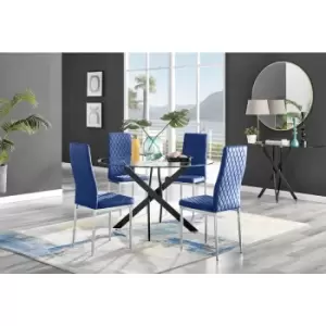 Image of Furniturebox UK - Furniturebox Novara Black Leg 120cm Round Glass Dining Table & 4 Navy Milan Velvet Dining Chairs Diamond Stitch Modern Contemporary