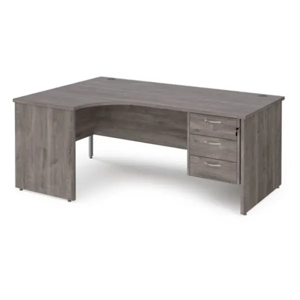 Image of Maestro 25 Maestro 25 left hand ergonomic desk 1800mm wide with 3 drawer pedestal - grey oak top with panel end leg MP18ELP3GO