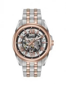 Image of Bulova Classic Rose Gold and Grey Skeleton Dial Two Tone Stainless Steel Bracelet Mens Watch, One Colour, Men