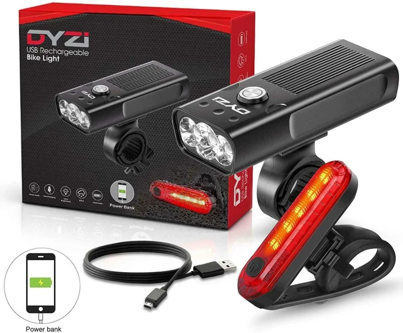 Image of Dyzi Premium Aluminium Bike Lights Set Waterproof Rechargeable Powerbank Black unisex